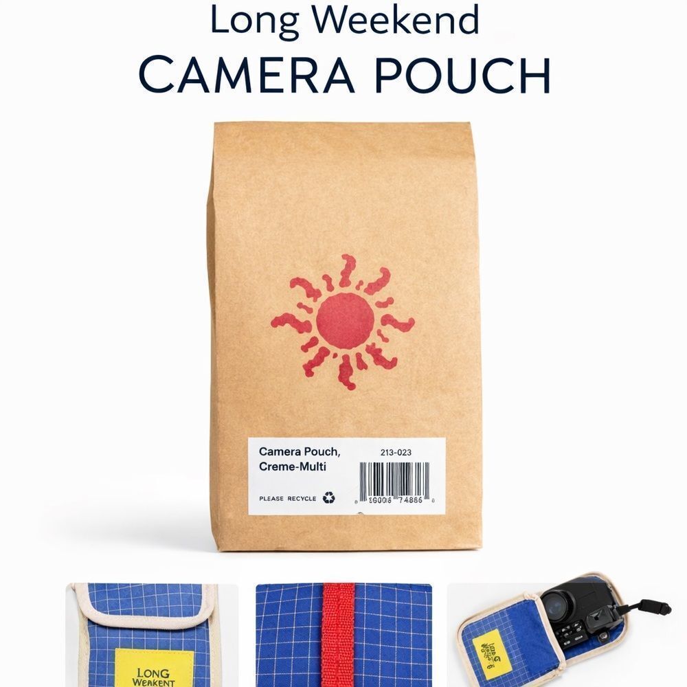 Long Weekend Camera Pouch Creme Multi Blue Grid Travel Case. NEW/Sealed